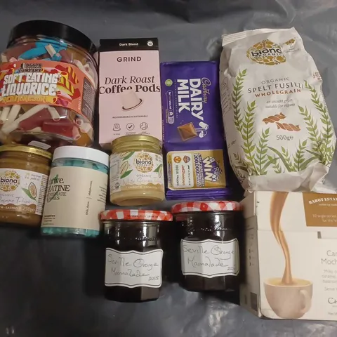 LOT OF 10 ASSORTED FOOD ITEMS TO INCLUDE CREATINE GUMMIES, MARMALADE AND SESAME TAHINI