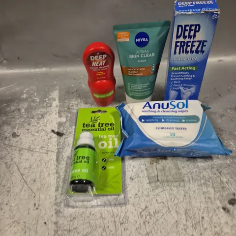 APPROXIMATELY 20 HEALTH AND BEAUTY PRODUCTS TO INCLUDE DEEP FREEZE GEL, ANUSOL WIPES AND TEA TREE OIL