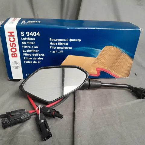 BOX OF ASSORTED CAR ITEMS TO INCLUDE - AIR FILTERS - WIND MIRRORS - CABLES - COLLECTION ONLY