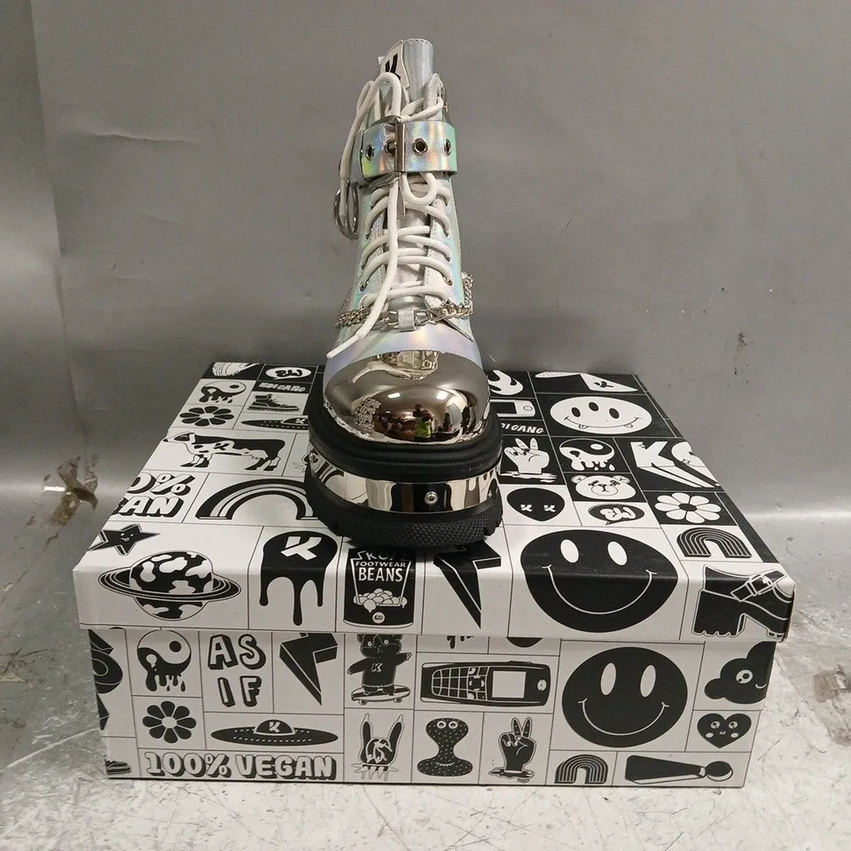 BOXED PAIR OF KOI BORIN HARDWARE PLATFORM BOOTS IN SILVER HOLOGRAM SIZE UK 3