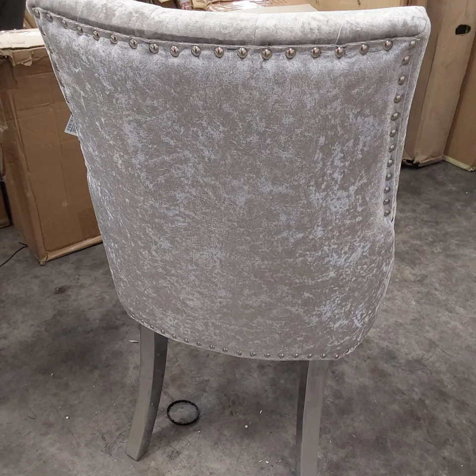 UPHOLSTERED BUTTONED BACK DINING CHAIRS ON SILVER LEGS