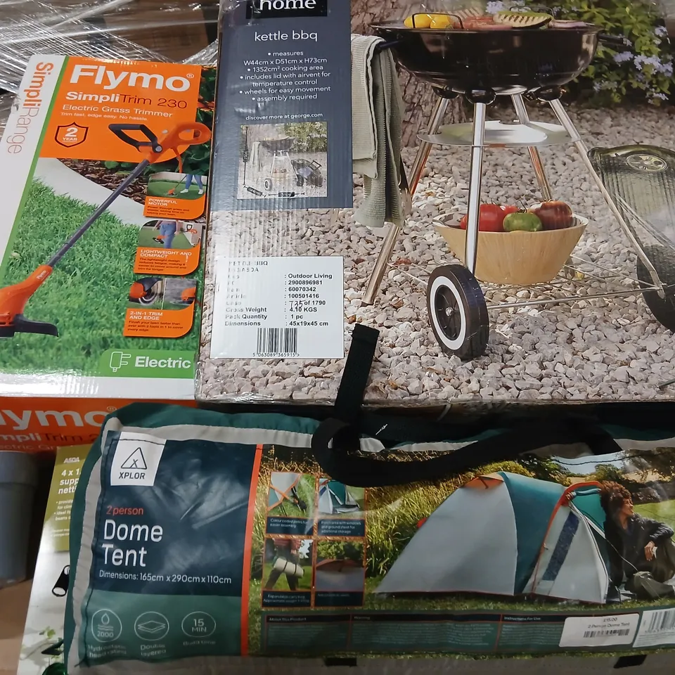 PALLET OF ASSORTED PRODUCTS TO INCLUDE; FLYMO SIMPLI TRIM 230, KETTLE BBQ, TROLLEY BBQ, 2 PERSON DOME TENT AND SUPPORT NET