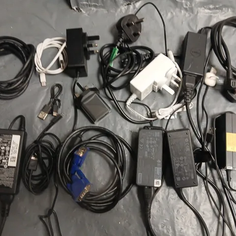 LOT OF ASSORTED CABLES, CHARGERS, PLUGS AND LEADS