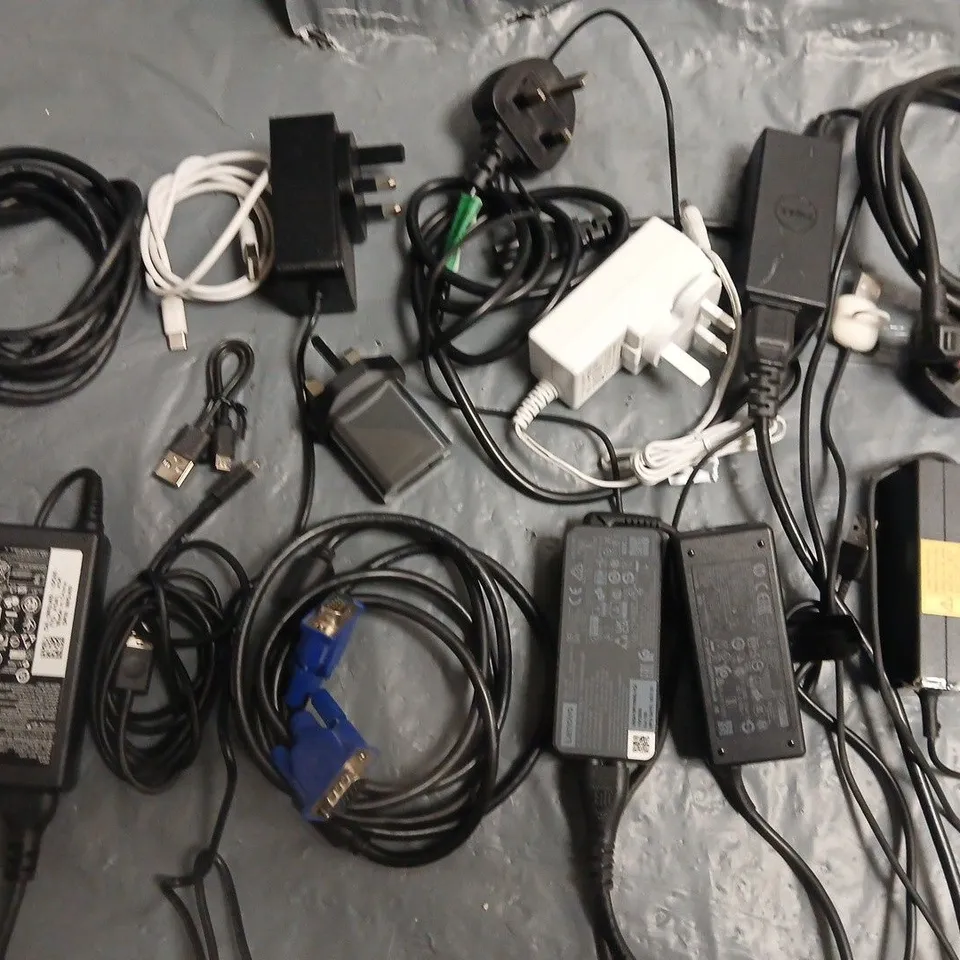 LOT OF ASSORTED CABLES, CHARGERS, PLUGS AND LEADS
