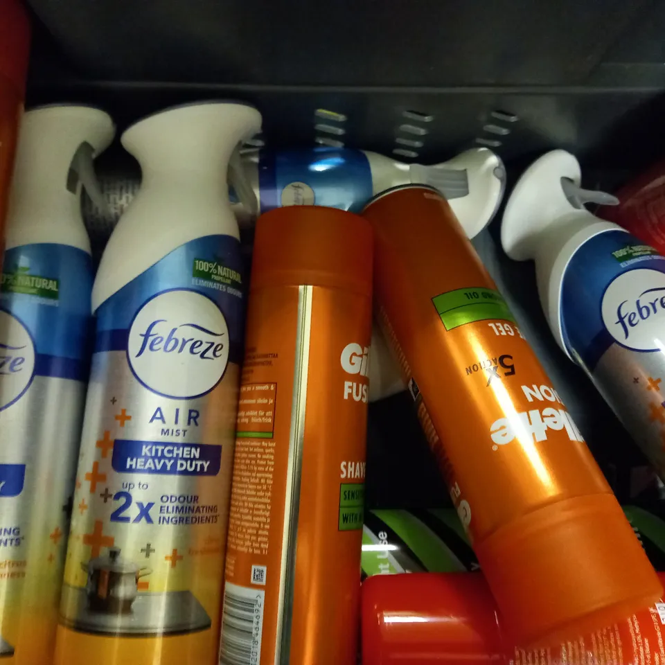 BOX OF APPROX 15 ASSORTED AEROSOLS INCLUDING GILLETTE SHAVE GEL, DEEP HEAT AND FEBREEZE AIR MIST - COLLECTION ONLY