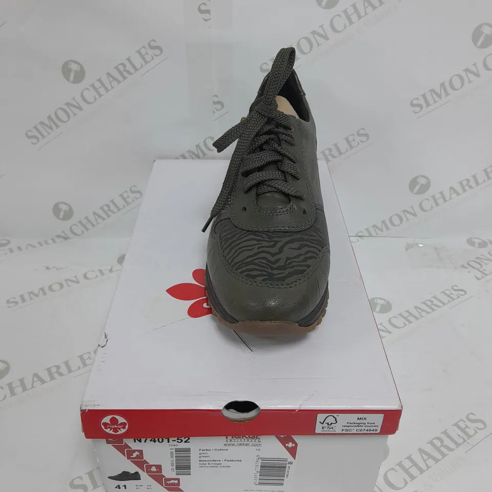 BOXED PAIR OF RIEKER LOW WEDGE TRAINERS IN GREEN SIZE 7.5