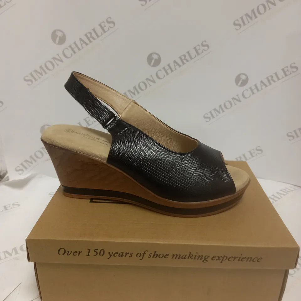 BOXED PAIR OF CUSHION WALK STRAPPY WEDGE HEELED SHOES, BLACK - SIZE 6