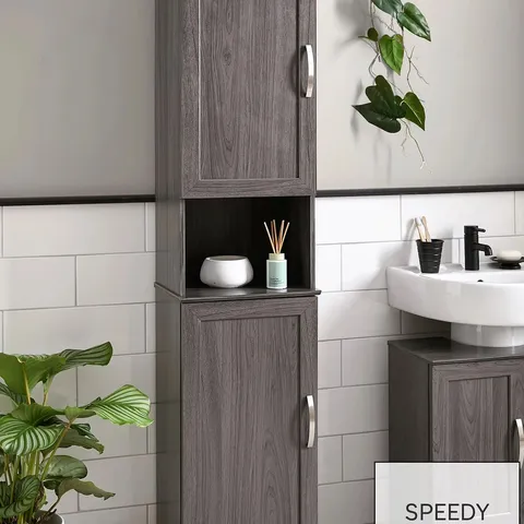 BOXED CALEDON TALL BATHROOM CABINET - GREY OAK EFFECT (1 BOX)