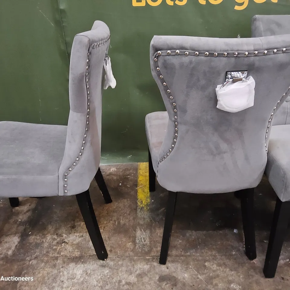 SET OF FOUR GREY PLUSH FABRIC UPHOLSTERED RING BACK DINING CHAIRS ON BLACK LEGS