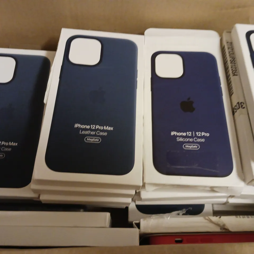 BOX OF APPROXIMATELY 15 ASSORTED APPLE CASES TO INCLUDE - IPHONE 13 PROMAX LEATHER CASE , IPHONE 12 PRO BLUE CASE ETC