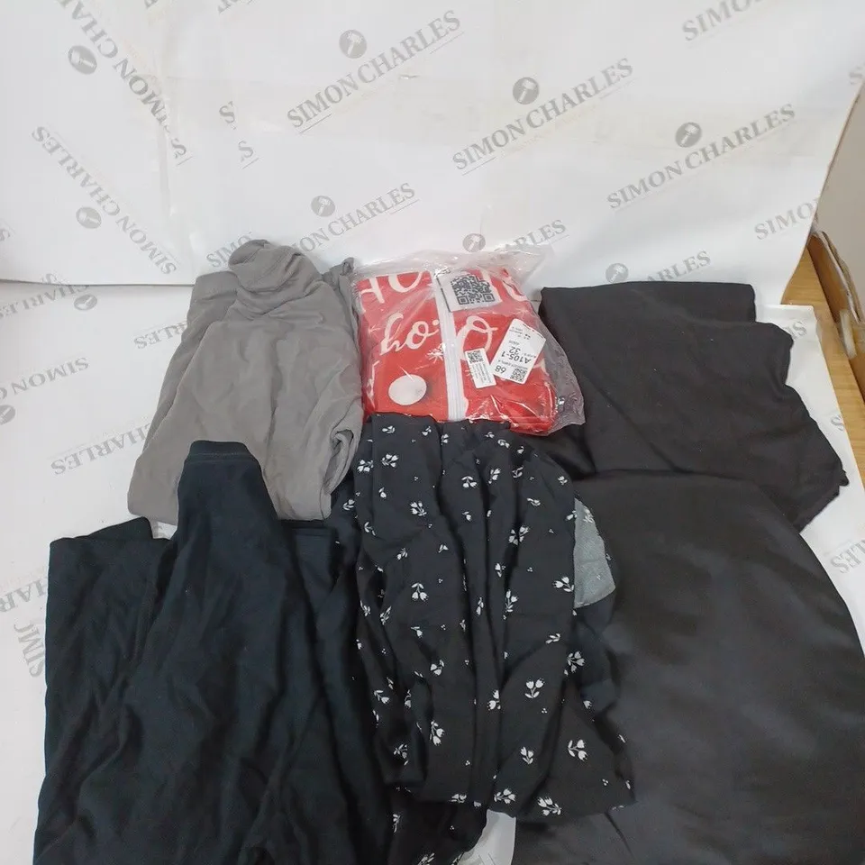 LARGE BOX OF ASSORTED CLOTHING ITEMS IN VARIOUS COLOURS AND SIZES INCLUDING TROUSERS , TOPS AND JUMPERS 