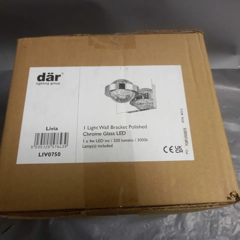 BRAND NEW DAR LIVIA ONE LIGHT WALL BRACKET POLISHED CHROME GLASS LED
