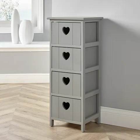 BOXED HOME SOURCE CHEST OF DRAWERS, WOODEN STORAGE UNIT BEDROOM ORGANISER BEDSIDE, LOVE HEART DESIGN, 4 DRAWER, GREY