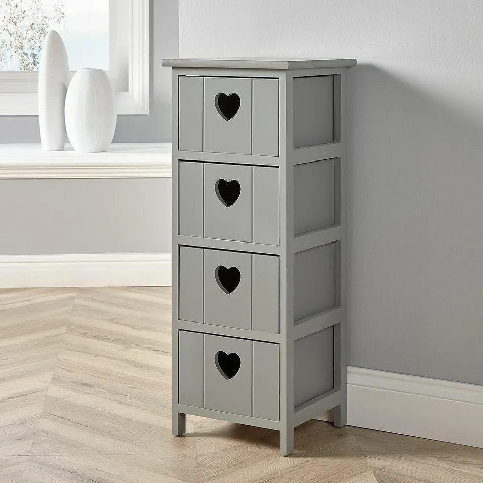 BOXED HOME SOURCE CHEST OF DRAWERS, WOODEN STORAGE UNIT BEDROOM ORGANISER BEDSIDE, LOVE HEART DESIGN, 4 DRAWER, GREY