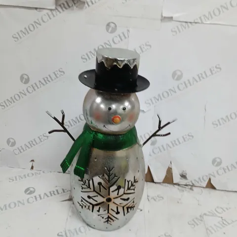 FESTIVE 34 CM BO METAL SNOWMAN WITH LIT SNOWFLAKE CHRISTMAS DECORATION
