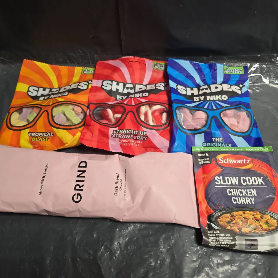 APPROXIMATELY 5 ASSORTED FOOD ITEMS TO INCLUDE - SCHWARTZ, GRIND COFFEE AND SWEETS