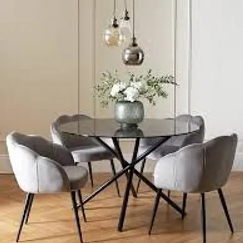 BOXED ANGEL GLASS TOP 120cm DINING TABLE WITH 4 ANGEL VELVET CHAIRS - BLACK/GREY (3 BOXES)