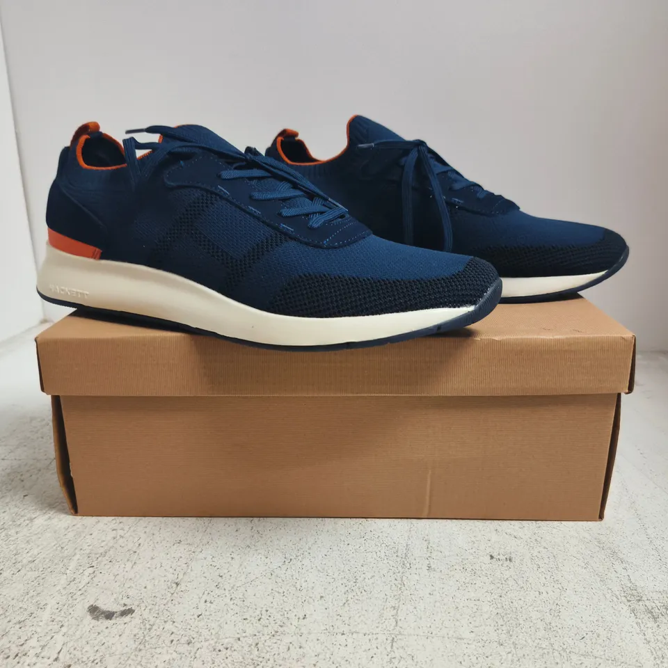 BOXED PAIR OF HACKETT LONDON H-RUNNER SOCK TRAINERS IN NAVY SIZE EU 44