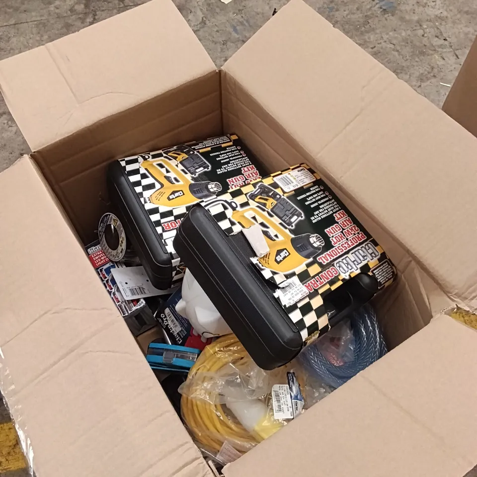 BOX OF ASSORTED PARTS AND DIY TOOLS TO INCLUDE HOT AIR GUN, RUBBER HOSE PIPING, PACKET SCREW DRIVER SET ETC. (1 BOX)