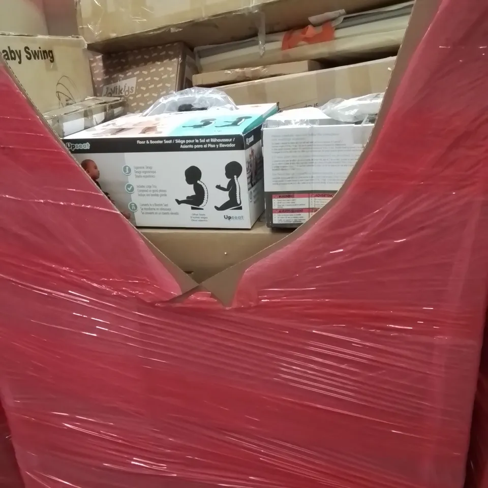 PALLET CONTAINING VARIOUS ASSORTED BOXED HOUSEHOLD ITEMS TO INCLUDE: BABY UPSEATS, BABY SWING, KIDS BOOSTER SEATS, BBQ GRILL AND LOTS MORE UNMARKED BOXED ITEMS 