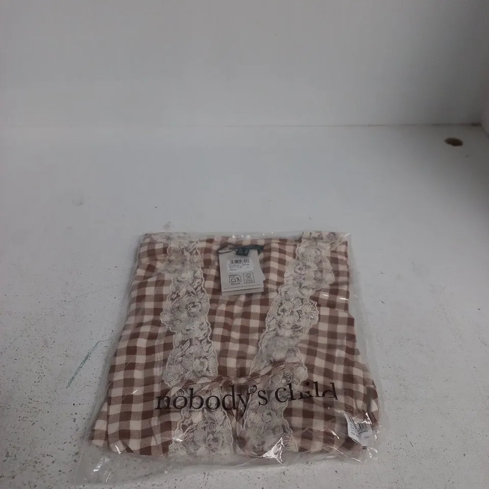 NOBODY'S CHILD MAEVE TEA TOP – BROWN GINGHAM WITH LACE TRIM, UK12 (EU40, US8)
