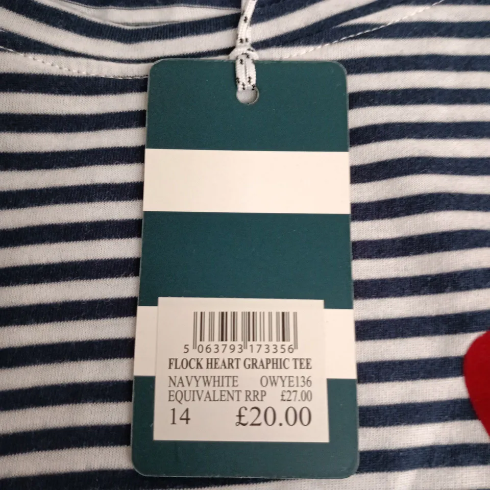CREW CLOTHING COMPANY STRIPED NAVY & WHITE FLOCK HEART GRAPHIC TEE – UK 14