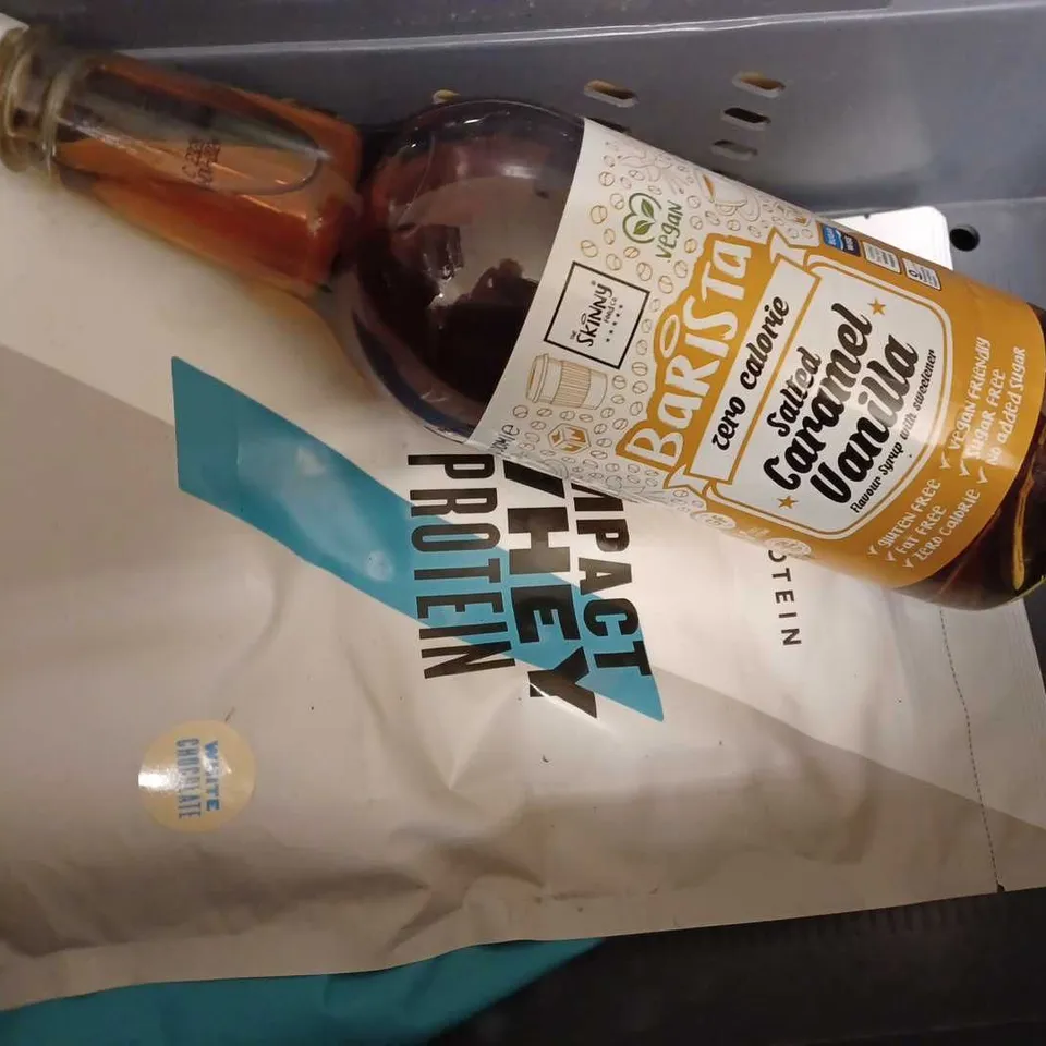 BOX OF APPROX 5 ITEMS TO INCLUDE BARISTA SALTED CARAMEL VANILLA SYRUP, MAMBO ITALIANO COFFEE BEANS, IMPACT WHEY PROTEIN