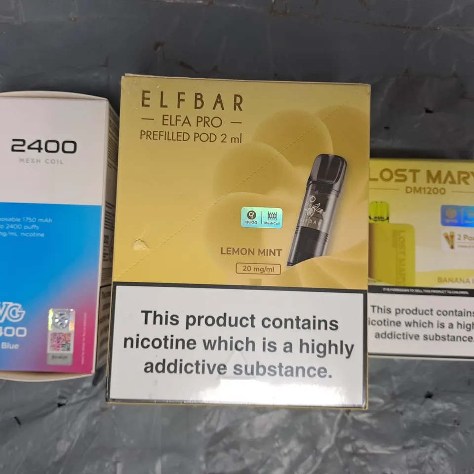 APPROXIMATELY 25 ASSORTED E-CIGARETTE AND VAPE ITEMS TO INCLUDE LOST MARY, ELFBAR, IVG, ETC
