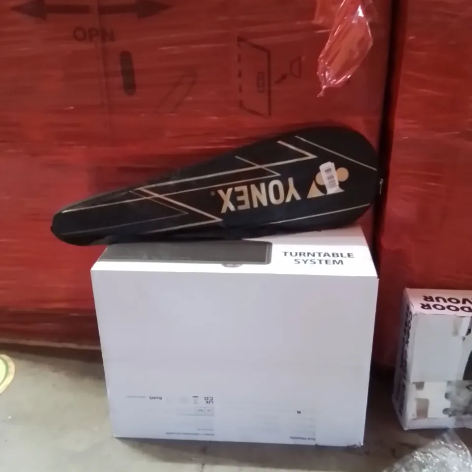 PALLET OF ASSORTED HOUSEHOLD GOODS AND PRODUCTS TO INCLUDE;TURNTABLE SYSTEM,TENNIS RACKETS