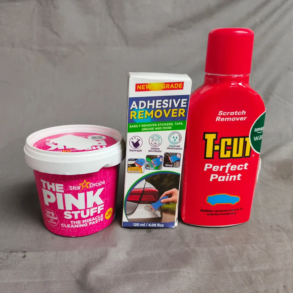 APPROX 10 ASSORTED ITEMS TO INCLUDE: THE PINK STUFF PASTE, ADHESIVE REMOVER, T-CUT PAINT SCRATCH REMOVER