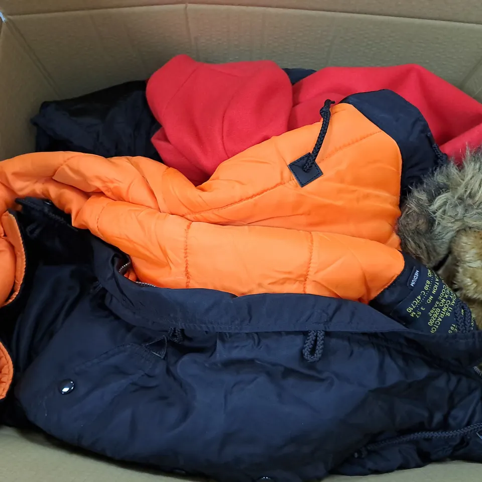 BOX OF ASSORTED CLOTHING ITEMS TOO INCLUDE JUMPERS, SHIRTS AND TROUSERS IN VARIOUS SIZES AND COLOURS   