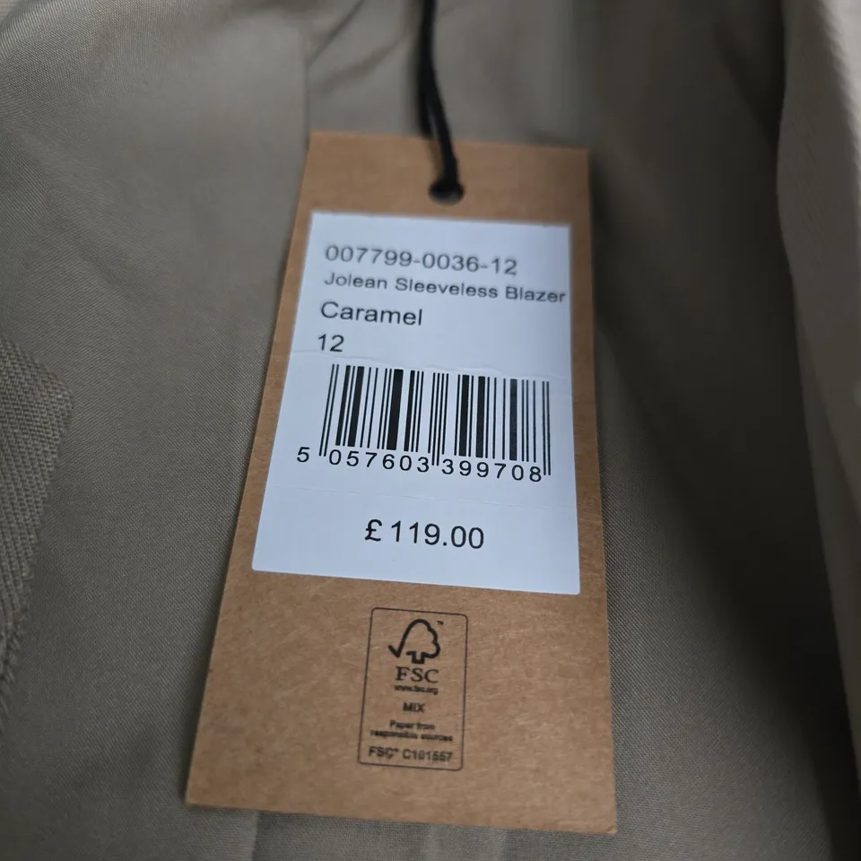 HUSH JOLEAN SLEEVELESS BLAZER – CARAMEL, UK 12