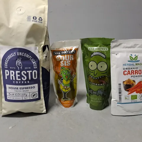 TOTE OF APPROX 5 ASSORTED FOOD ITEMS TO INCLUDE - PICKLE RICK PICKLE , PRESTI CIFFEE , ORGANIC CARROT POWDER ETC