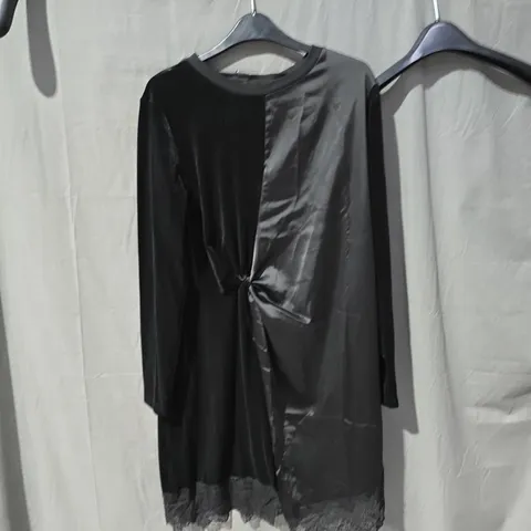 ALLSAINTS BLACK VELVET & SATIN KNOT-FRONT DRESS, UK 10 (US 6, EU 38)