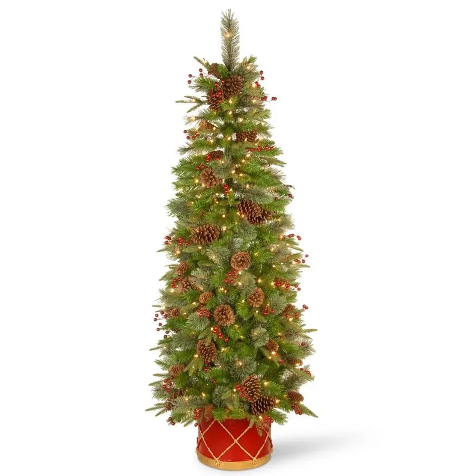 BOXED COLONIAL FIR 6FT HALF TREE RED BERRIES, CONES & 200 WARM WHITE LIGHTS (1 BOX)