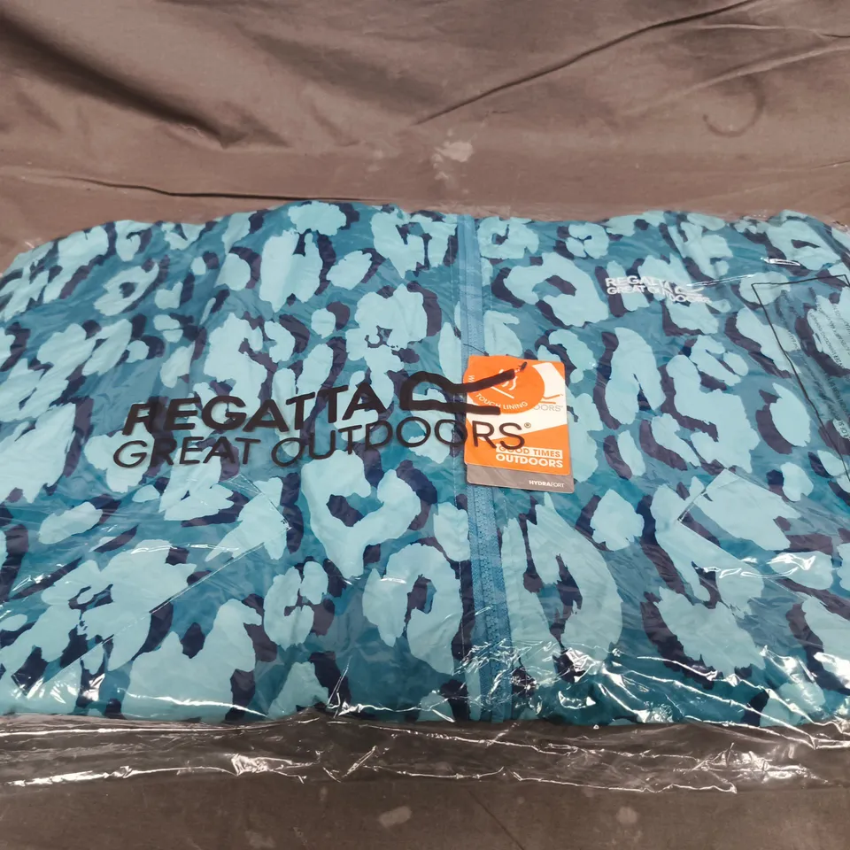REGATTA HYDRAFORT KIDS' RAIN JACKET – TURQUOISE CAMOUFLAGE, UK 9-13 YEARS