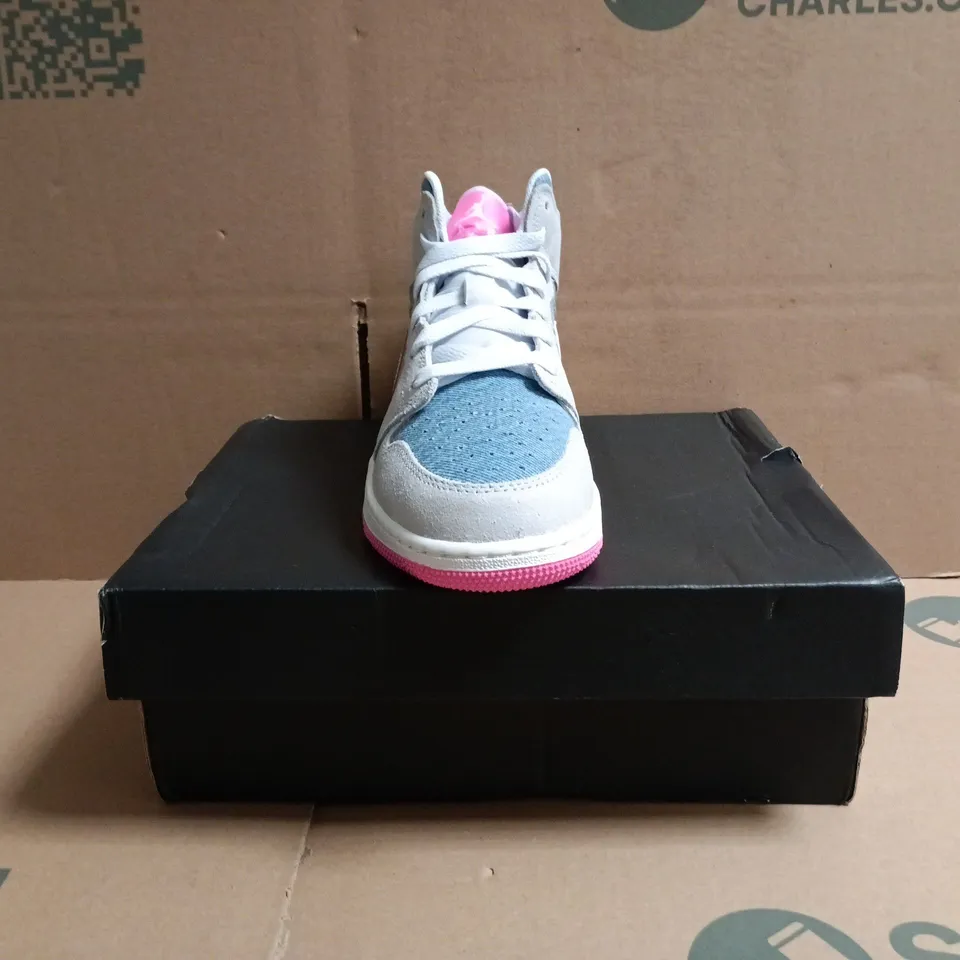BOXED PAIR OF NIKE AIR JORDAN 1 MID SHOES IN DENIM/GREY/PINK GLITTER SIZE UK 4