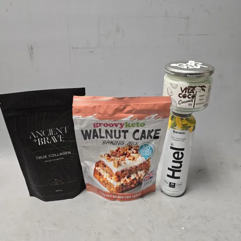 APPROXIMATELY 10 ASSORTED FOOD & DRINK ITEMS TO INCLUDE - HUEL BANANA , VITA COCO COCONUT OIL ETC