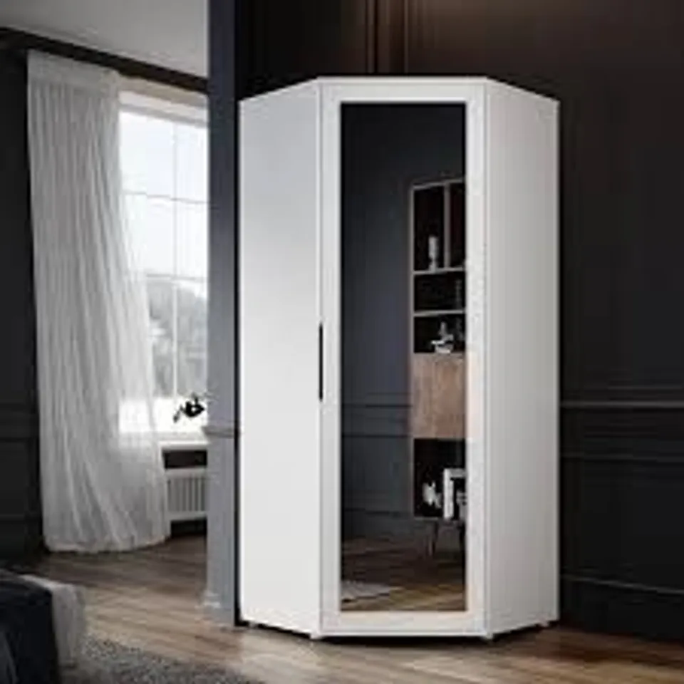 BOXED ELEGANT CORNER MIRRORED WARDROBE MODERN WHITE (2 BOXES)