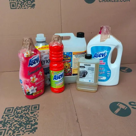 APPROXIMATELY 7 ASSORTED LARGE LIQUIDS TO INCLUDE KARCHER MACHINE PROTECTOR, ASEVI LAUNDRY DETERGENT, LENOR, ETC