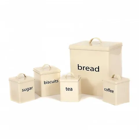 BOXED OYPLA 5 PIECE CREAM KITCHEN CANISTER STORAGE TIN SET