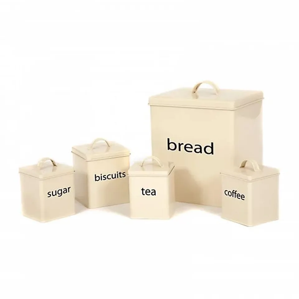 BOXED OYPLA 5 PIECE CREAM KITCHEN CANISTER STORAGE TIN SET