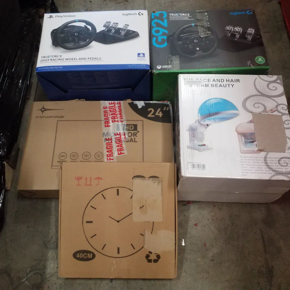 PALLET CONTAINING ASSORTED PRODUCTS INCLUDING RACING WHEELS WITH PEDALS, 24" MONITOR, WALL CLOCK & FACE AND HAIR STEAMER