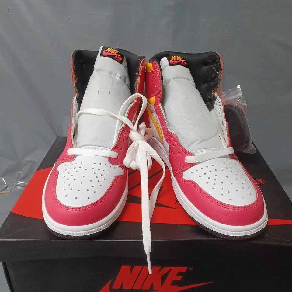 BOXED PAIR OF NIKE AIR JORDAN 1 RETRO HIGH OG IN WHITE/RED/YELLOW - UK 9