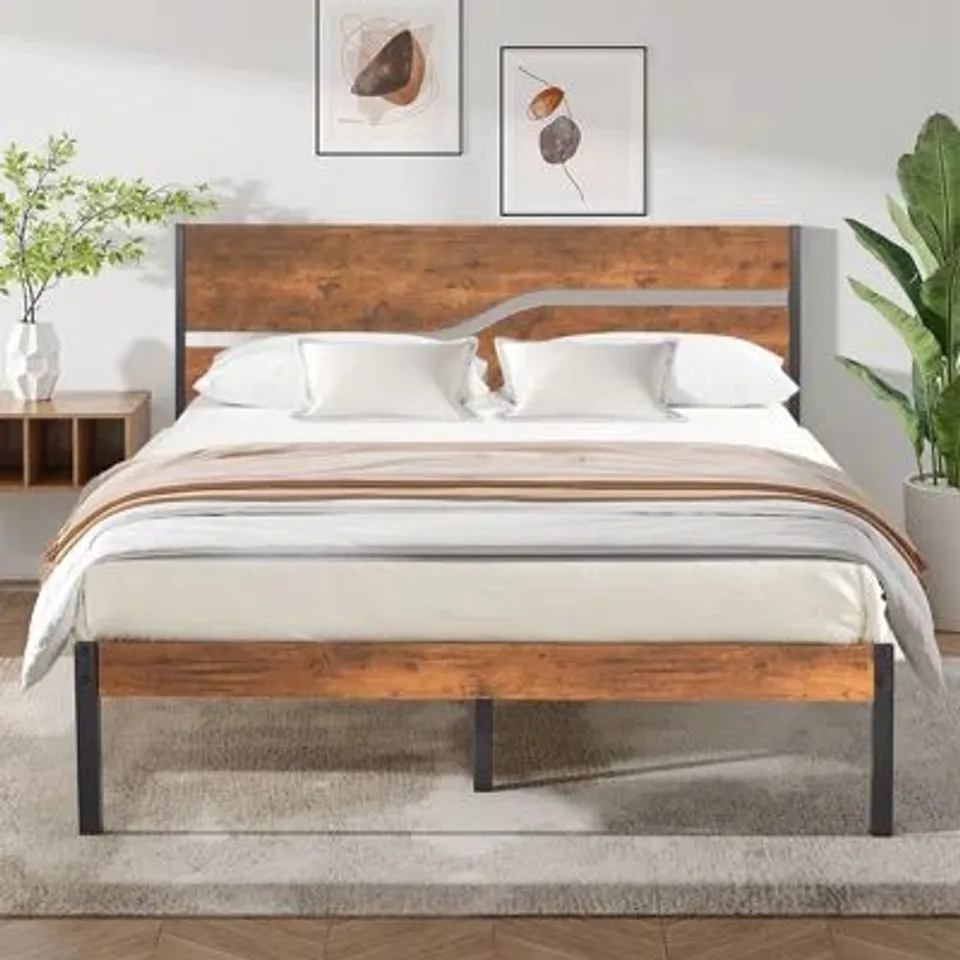 BOXED BED FRAME SINGLE DOUBLE METAL PLATFORM BED FRAME WITH WOOD HEADBOARD AND FOOTBOARD