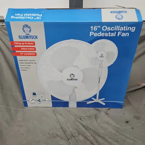 BOXED 16" ILLUMITECH OSCILLATING PEDESTAL FAN IN WHITE