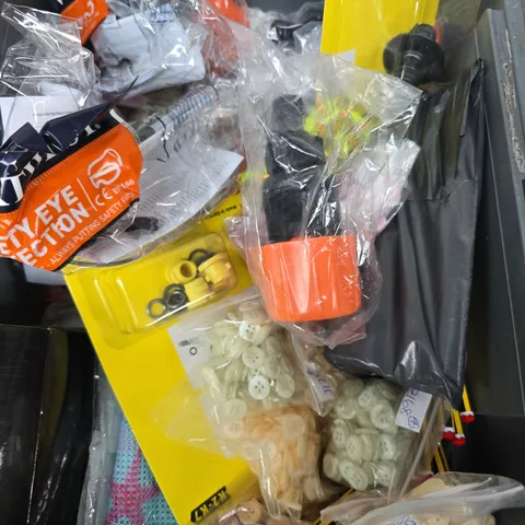 BOX OF ASSORTED ITEMS TO INCLUDE - PENCILS - BUTTONS - SAFETY GLASSES 