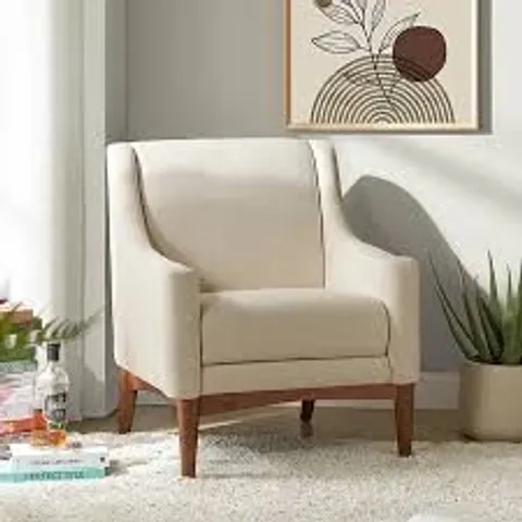BOXED MID-CENTURY ARMCHAIR – VINTAGE STYLE FABRIC UPHOLSTERED ARMCHAIR IN IVORY (1 BOX)