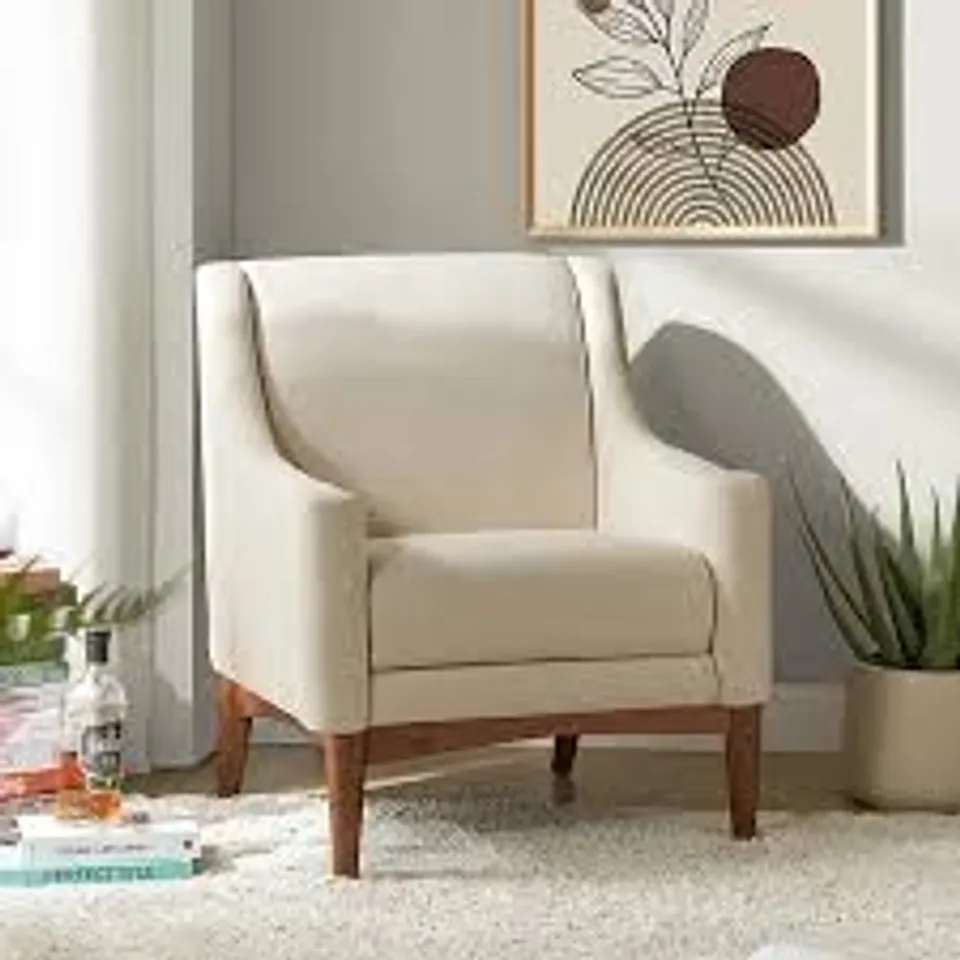 BOXED MID-CENTURY ARMCHAIR – VINTAGE STYLE FABRIC UPHOLSTERED ARMCHAIR IN IVORY (1 BOX)