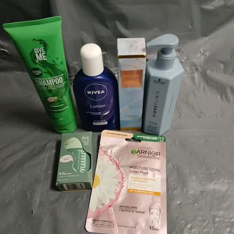APPROXIMATELY 20 HEALTH AND BEAUTY PRODUCTS TO INCLUDE NIVEA LOTION, GARNIER MOISTURE BOMB MASK AND GIVE ME SHAMPOO
